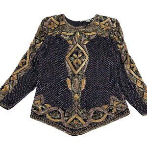 Unbranded Blouse‎ Women Medium Black Gold Multi All Bead Floral Diamond Silk VTG